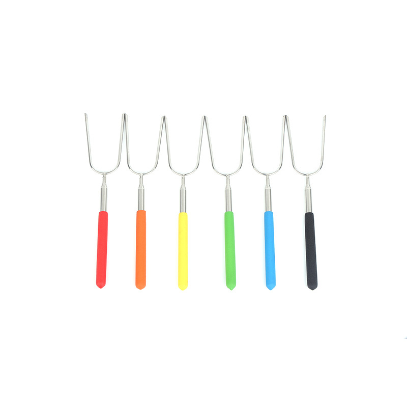 furculiță de grătar retractabilă pentru camping, în formă de U, din oțel inoxidabil, mâner din PVC colorat, set pentru grătar