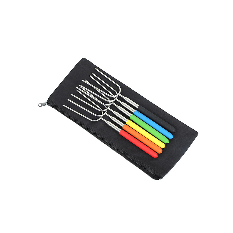 furculiță de grătar retractabilă pentru camping, în formă de U, din oțel inoxidabil, mâner din PVC colorat, set pentru grătar