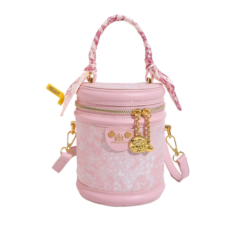 Ženska cilindrična bucket torba s printom svilene marame, svestrana svakodnevna torbica za nošenje na ramenu ili crossbody.