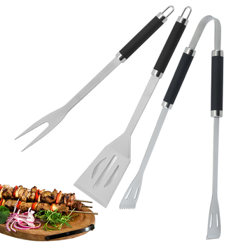 Set de unelte pentru grătar din oțel inoxidabil, 3 piese: spatulă, furculiță și clește