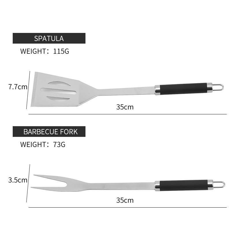 Set de unelte pentru grătar din oțel inoxidabil, 3 piese: spatulă, furculiță și clește