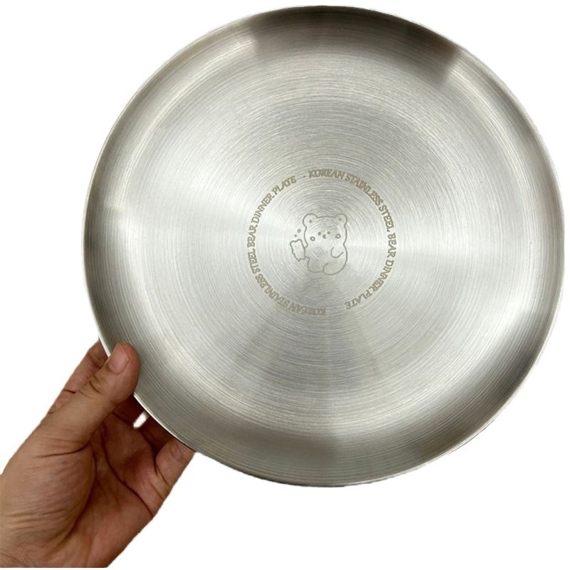 Stil coreean, farfurie rotundă din oțel inoxidabil, cu grosime dublă, finisaj mat, tavă de grătar și farfurie de picnic metalică