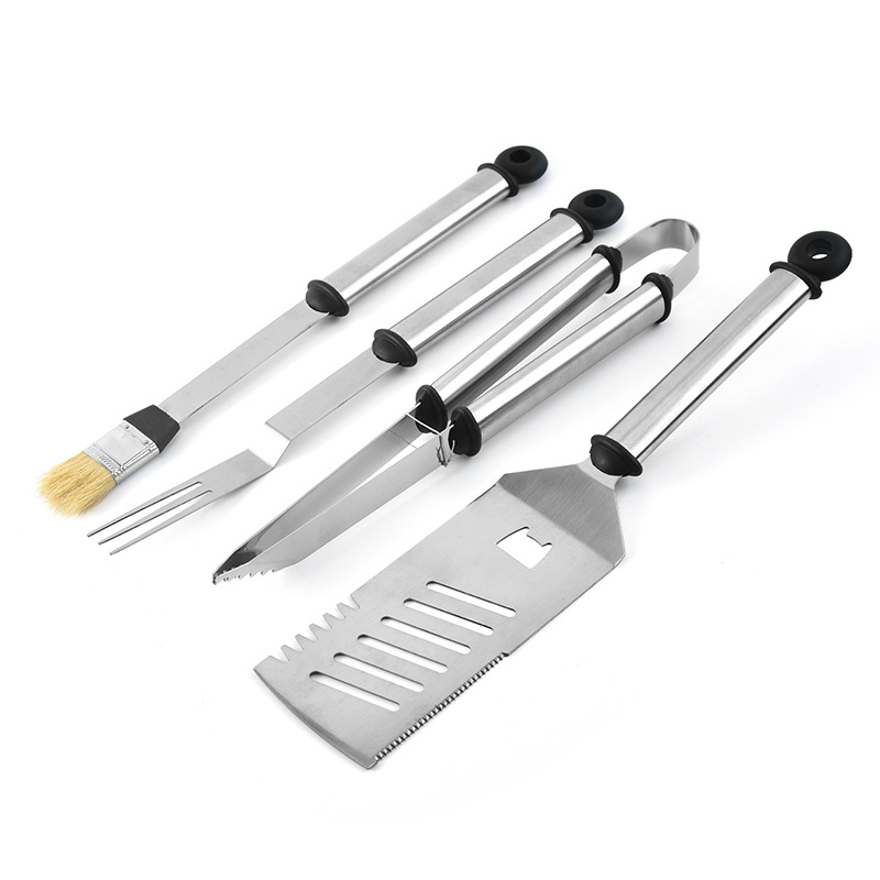 Set portabil pentru grătar în exterior, 4 piese: șorț cu buzunar, perie, spatulă și furculiță