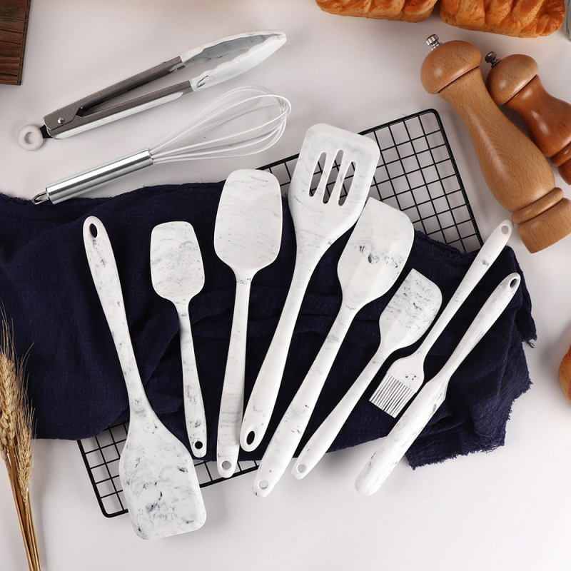 Set de ustensile din silicon cu model marmură, spatulă antiaderentă, racletă și clește pentru alimente, pentru coacere și gătit