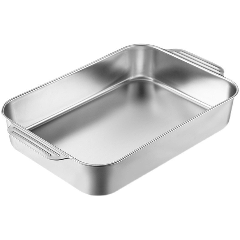 Tavă dreptunghiulară din oțel inoxidabil cu mânere, bază plată, pentru pește la grătar, platou de fructe de mare, farfurie pentru hot pot, tavă de masă