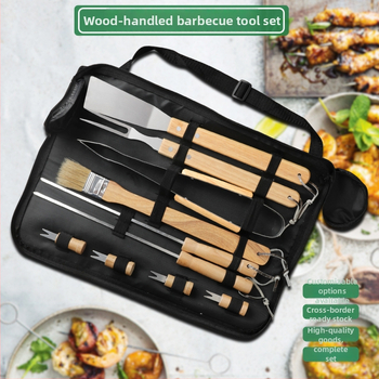 Set BBQ din oțel inoxidabil, cu mânere din lemn, geantă de pânză portabilă pentru gătit în aer liber