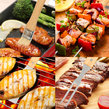 Set BBQ din oțel inoxidabil, cu mânere din lemn, geantă de pânză portabilă pentru gătit în aer liber