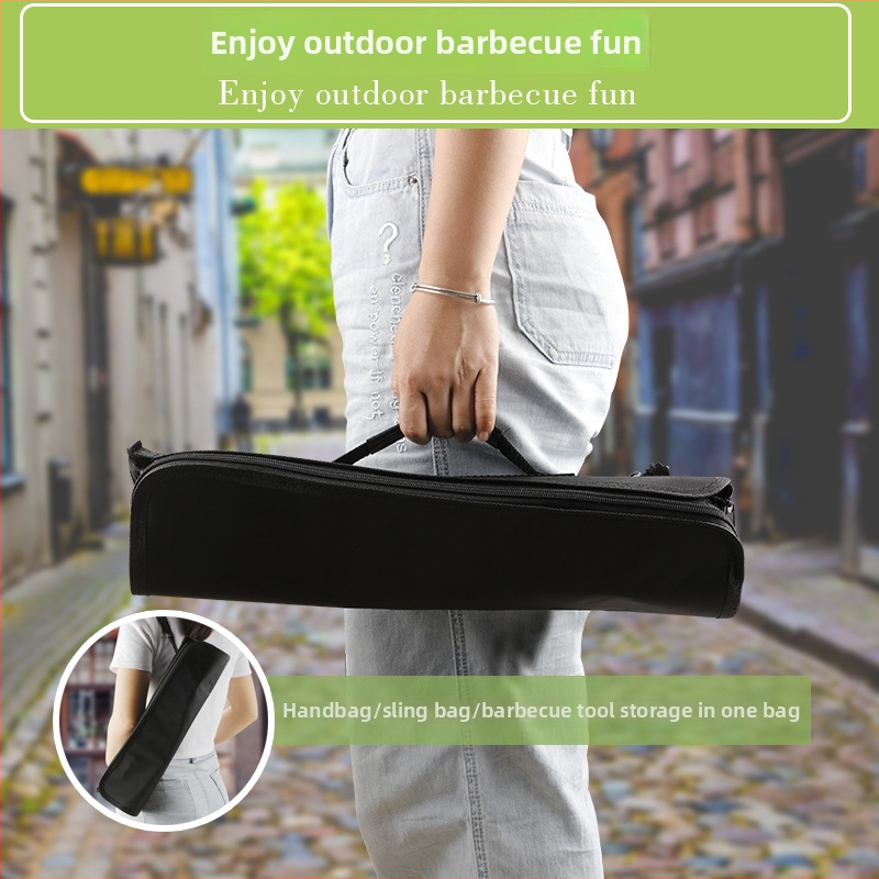 Set BBQ din oțel inoxidabil, cu mânere din lemn, geantă de pânză portabilă pentru gătit în aer liber