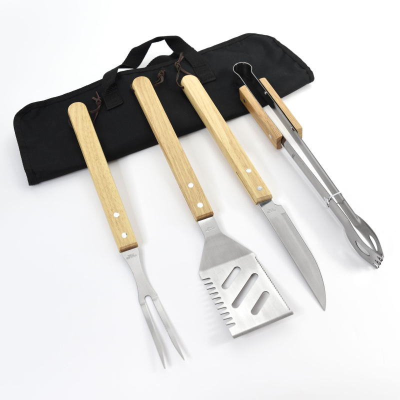 Set de unelte pentru grătar din oțel inoxidabil, cu mânere din lemn, în husă de pânză — cuțit, furculiță, spatulă și clește pentru grătar exterior