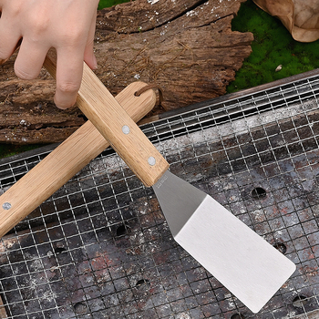 Set personalizat de unelte pentru camping în aer liber pentru grătar, din trei piese, cu mâner din lemn: furculiță pentru grătar, spatulă pentru prăjit și clește, din oțel inoxidabil, pentru uz casnic