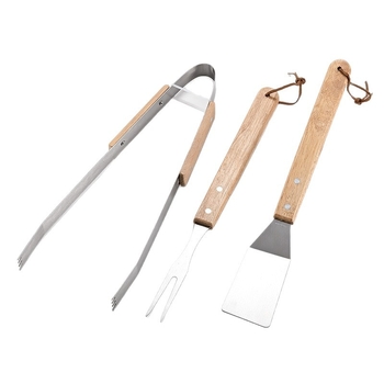 Set personalizat de unelte pentru camping în aer liber pentru grătar, din trei piese, cu mâner din lemn: furculiță pentru grătar, spatulă pentru prăjit și clește, din oțel inoxidabil, pentru uz casnic