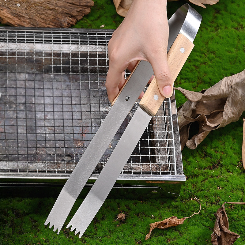 Set personalizat de unelte pentru camping în aer liber pentru grătar, din trei piese, cu mâner din lemn: furculiță pentru grătar, spatulă pentru prăjit și clește, din oțel inoxidabil, pentru uz casnic