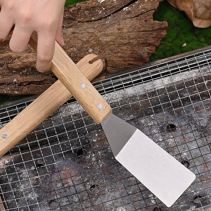 Set personalizat de unelte pentru camping în aer liber pentru grătar, din trei piese, cu mâner din lemn: furculiță pentru grătar, spatulă pentru prăjit și clește, din oțel inoxidabil, pentru uz casnic
