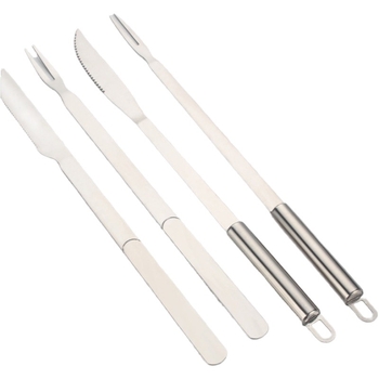 Set cuțite și furcă pentru grătar, oțel inoxidabil, extensibil și întărit, mâner rotund; cuțit pentru carne și cuțit pentru pește, set din două piese pentru grătar