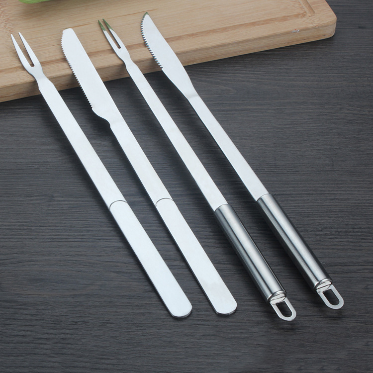 Set cuțite și furcă pentru grătar, oțel inoxidabil, extensibil și întărit, mâner rotund; cuțit pentru carne și cuțit pentru pește, set din două piese pentru grătar