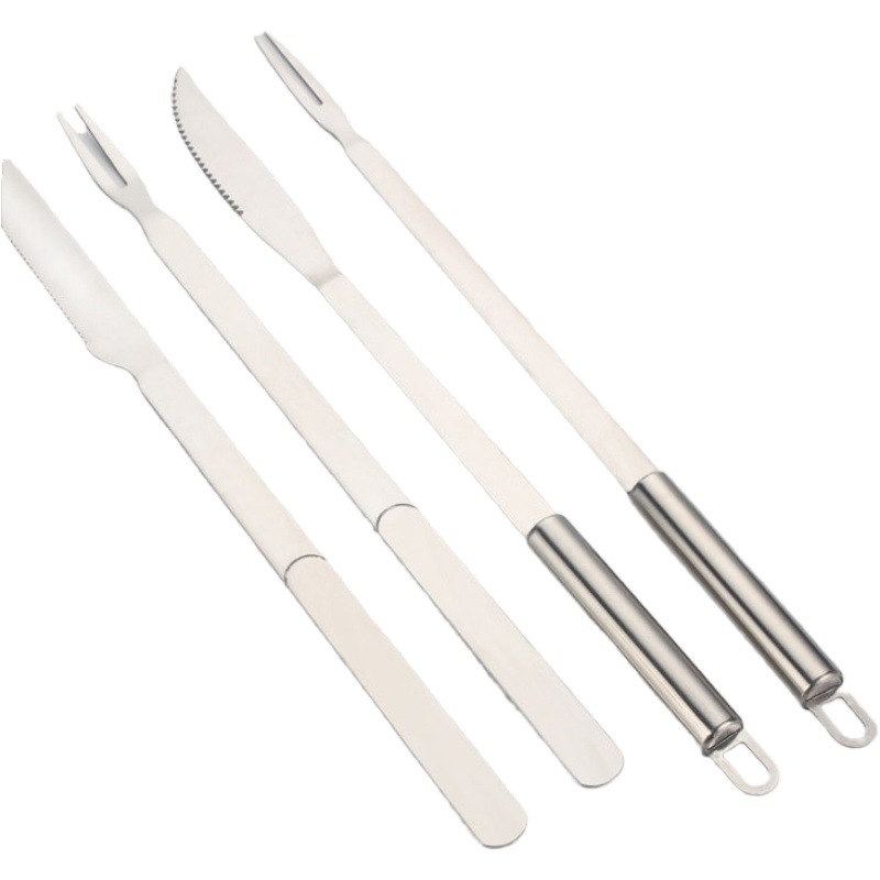 Set cuțite și furcă pentru grătar, oțel inoxidabil, extensibil și întărit, mâner rotund; cuțit pentru carne și cuțit pentru pește, set din două piese pentru grătar