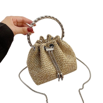 Ženska pletena slamnata torba, oblik košarice s lancem i špagom, crossbody, proljeće 2026
