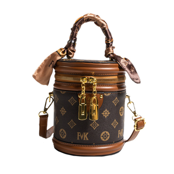 Ženska PU bucket torba s ručkom i crossbody remenom, otisnut cilindrični oblik, mala veličina, zatvarač, podstava od poliestera, svakodnevna upotreba.