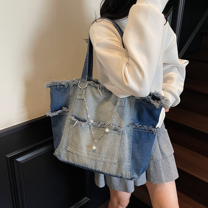 Gradient Denim Tote torba – velika kapaciteta, svakodnevna torba za rame