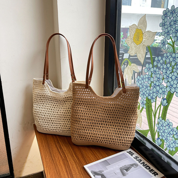 Torba preko ramena u korejskom stilu s otvorenim pletenjem, velika kapaciteta za odmor na moru, francuski retro tote dizajn