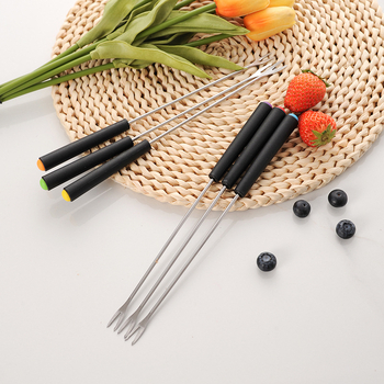Furculițe fondue din oțel inoxidabil, cu mâner din plastic — set pentru fructe, ciocolată și brânză, pentru fondue și grătar