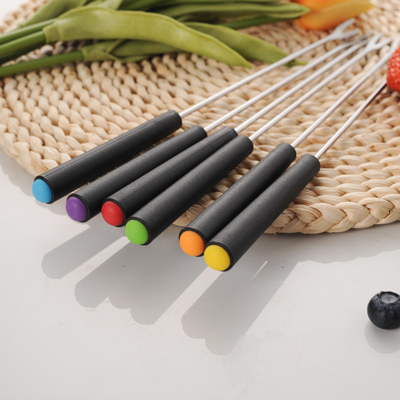 Furculițe fondue din oțel inoxidabil, cu mâner din plastic — set pentru fructe, ciocolată și brânză, pentru fondue și grătar