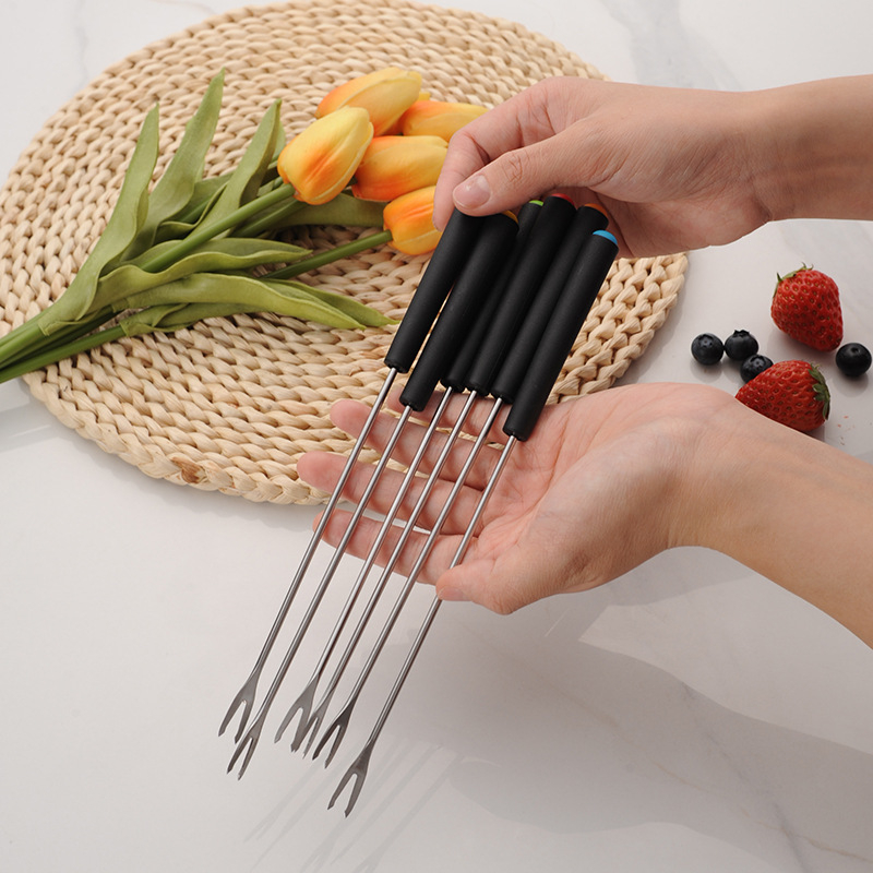 Furculițe fondue din oțel inoxidabil, cu mâner din plastic — set pentru fructe, ciocolată și brânză, pentru fondue și grătar