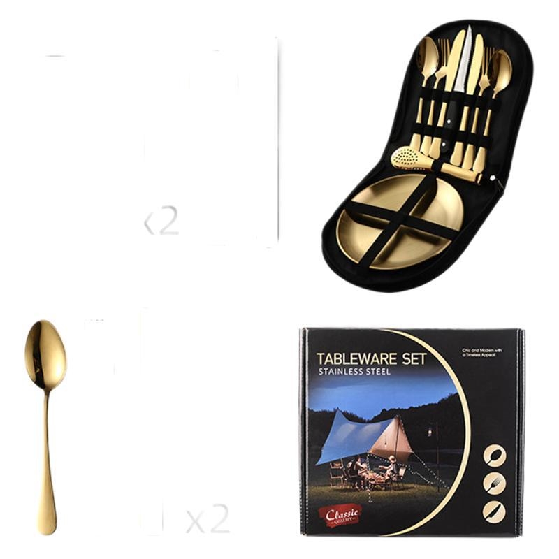 Set pribora od nehrđajućeg čelika za kampiranje i piknik: tanjuri, kliješta za roštilj, nož za steak, vilica i žlica, s kutijom za pohranu.