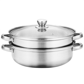 Oală de aburi din oțel inoxidabil, 28 cm, două niveluri, capac din sticlă, mâneri duble, compatibilă cu plitele cu inducție