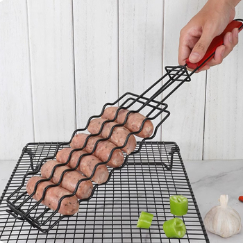 Grătar din oțel inoxidabil cu mâner din lemn, pentru camping, clemă pentru cârnați și hot dog