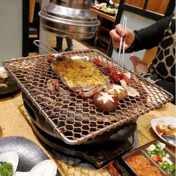 Rețea de grătar din cupru, lucrată manual, pentru barbecue în stil coreean cu cărbune, rotundă și groasă