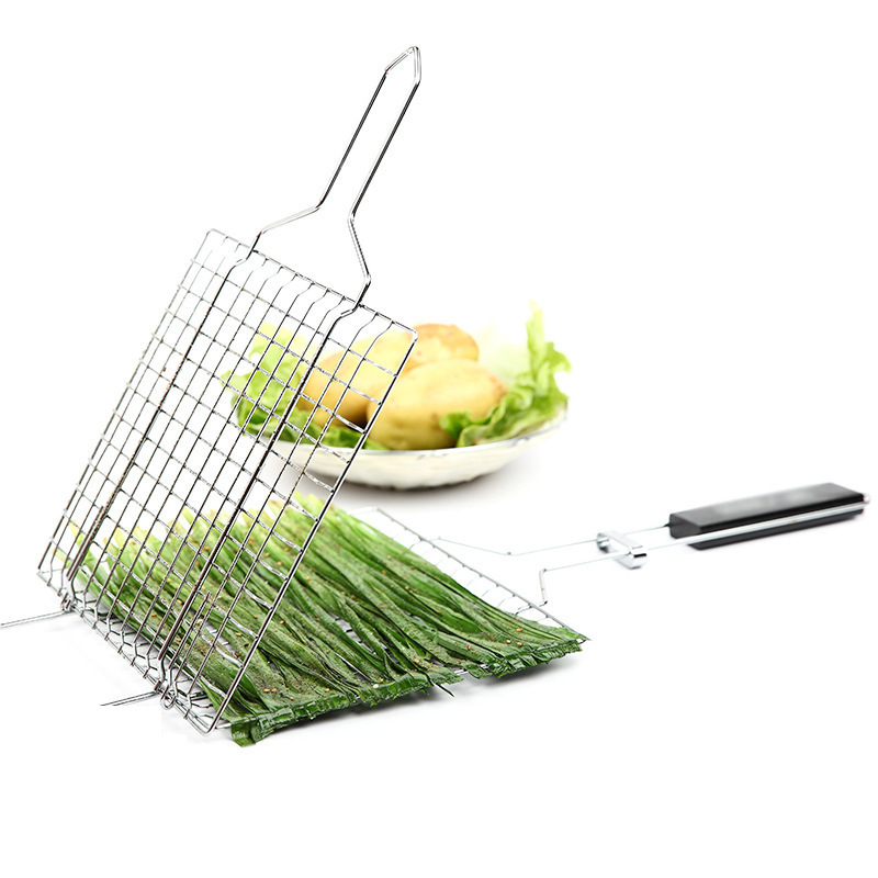 Grilă pliabilă din oțel inoxidabil cu clemă pentru pește, carne și legume — portabilă pentru exterior