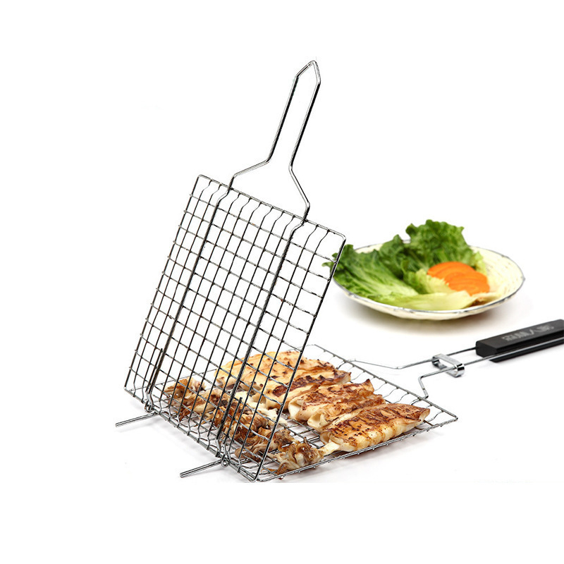 Grilă pliabilă din oțel inoxidabil cu clemă pentru pește, carne și legume — portabilă pentru exterior