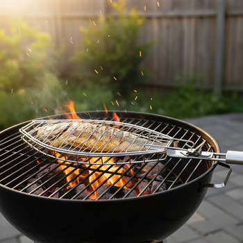 Coș grill din oțel inoxidabil, cu margini înalte și mâner detașabil, pentru pește