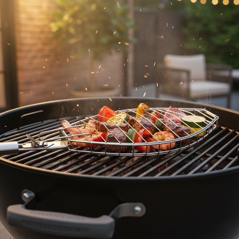 Coș grill din oțel inoxidabil, cu margini înalte și mâner detașabil, pentru pește
