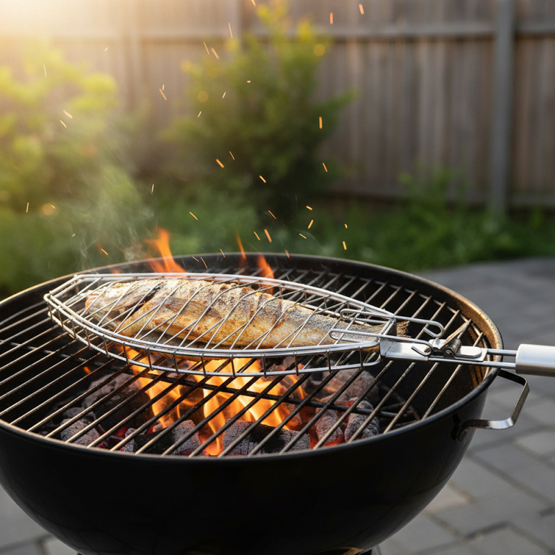 Coș grill din oțel inoxidabil, cu margini înalte și mâner detașabil, pentru pește