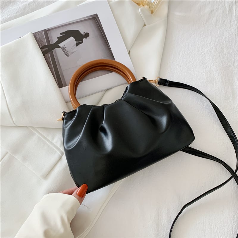 Cloud torba, ženska crossbody s plisiranim detaljima, mala kvadratna torba s drvenom ručkom, PU materijal
