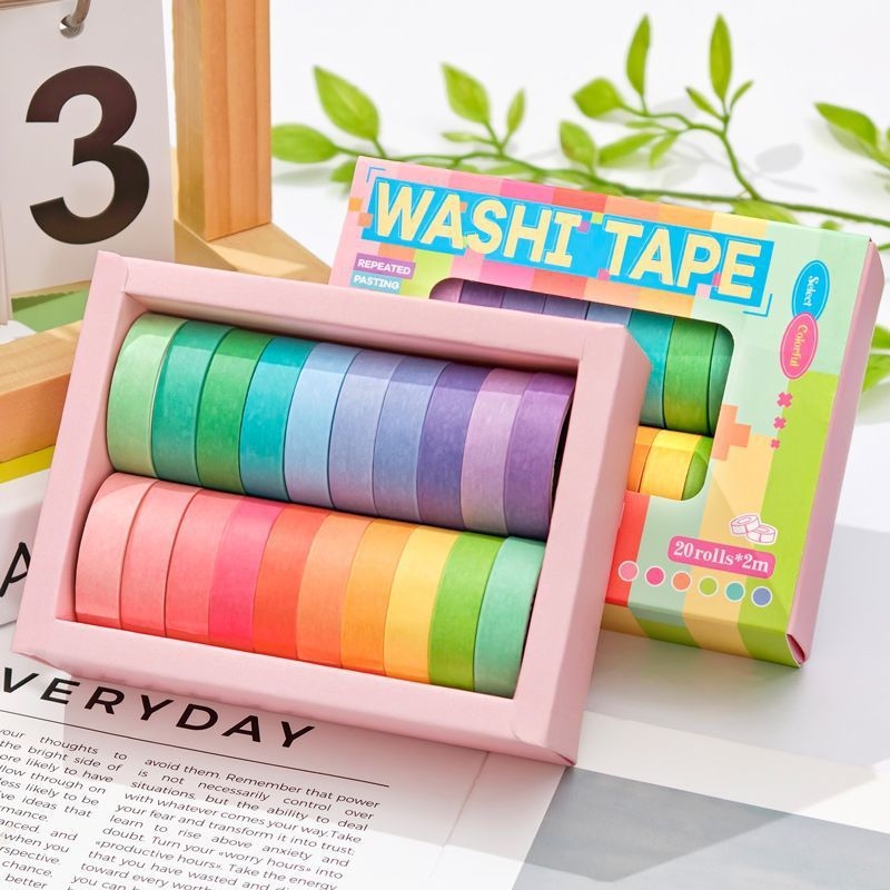 Zi yi bandă washi pentru jurnal, 20 role colorate solid, margine îngustă, culori bomboane, lungime 2 m, lățime 10 mm