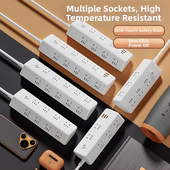 Viacportový predlžovač s USB portmi, medené vodiče, sklonený dizajn na stenu