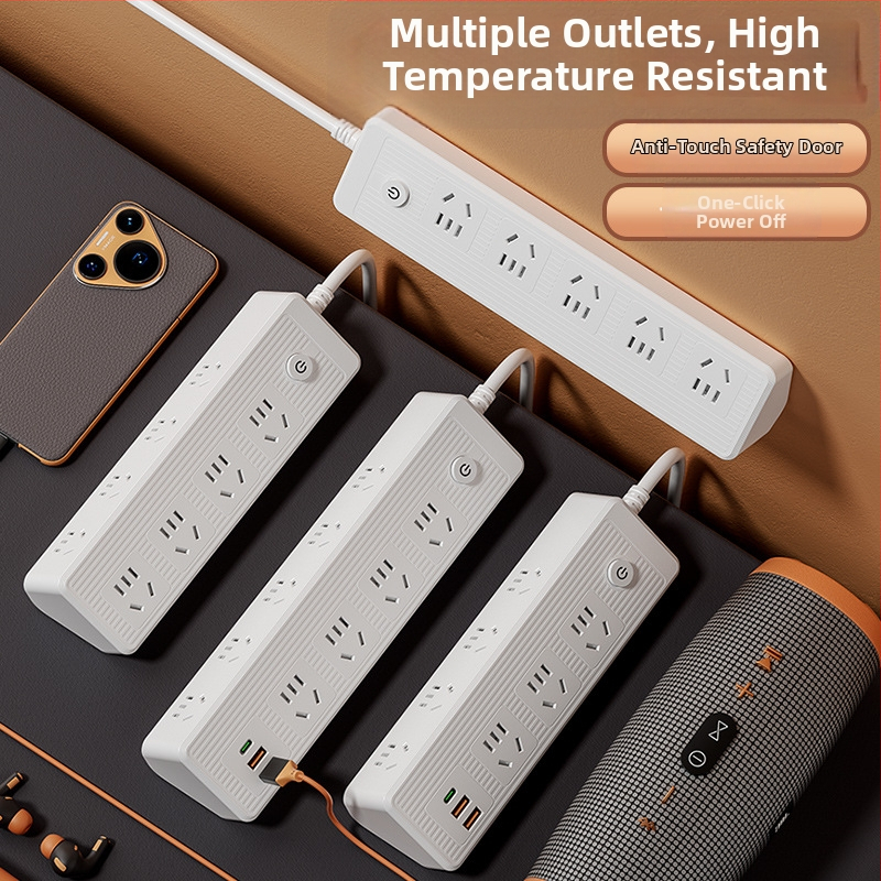 Viacportový predlžovač s USB portmi, medené vodiče, sklonený dizajn na stenu