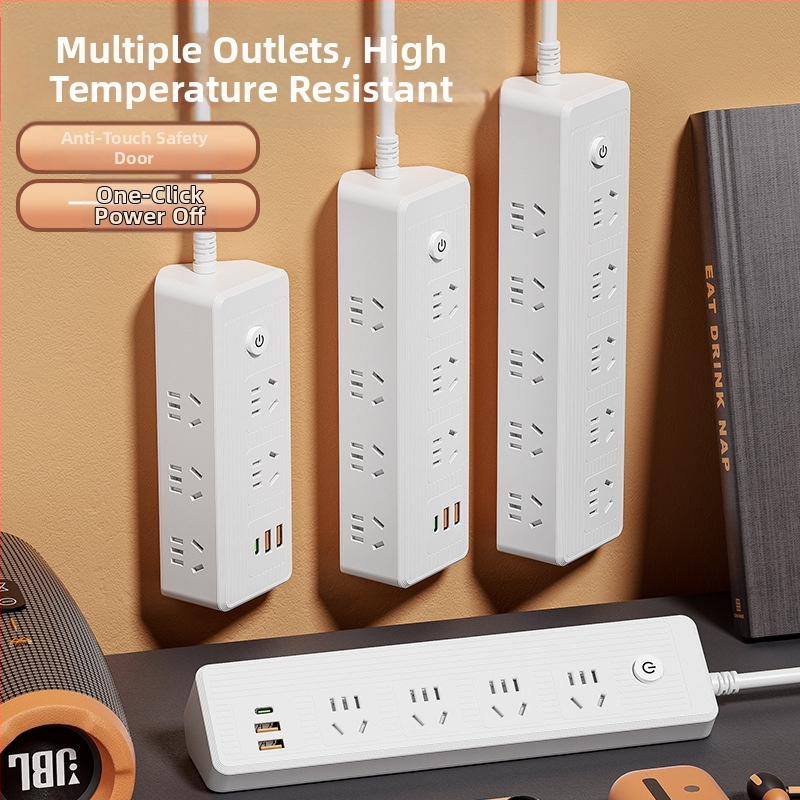 Viacportový predlžovač s USB portmi, medené vodiče, sklonený dizajn na stenu