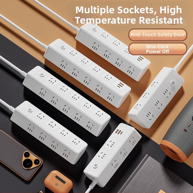 Viacportový predlžovač s USB portmi, medené vodiče, sklonený dizajn na stenu