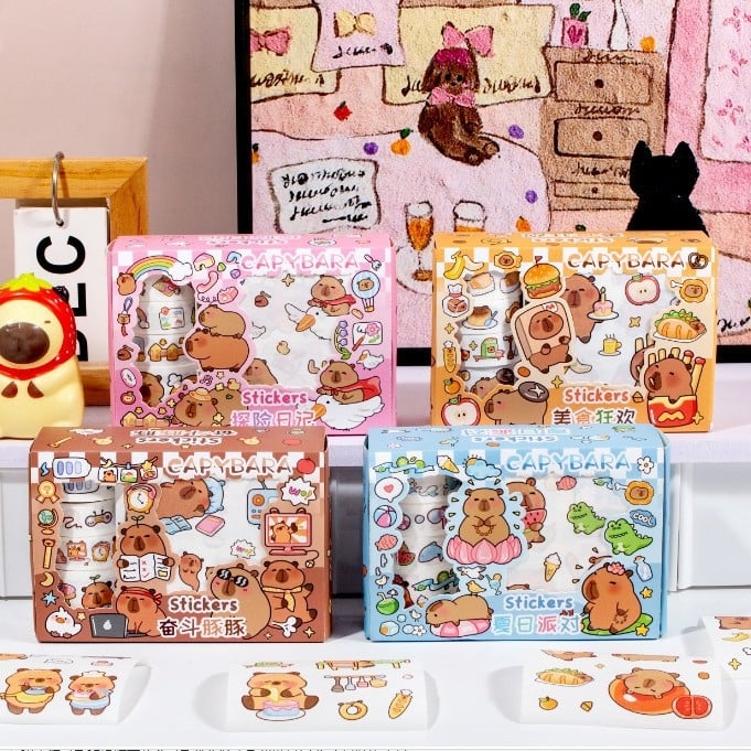 Set cadou cu bandă washi capybara pentru elevi – autocolante pentru jurnal rezistente la apă și decor DIY pentru birou