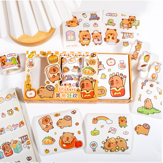 Set cadou cu bandă washi capybara pentru elevi – autocolante pentru jurnal rezistente la apă și decor DIY pentru birou