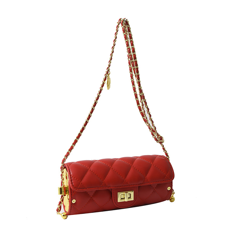 Ženska cilindrična torba s prešivanim uzorkom i lancem remenom, crvena svadbena torba, 2025 nova moda, mekan PU materijal, mala veličina, preko ramena ili crossbody
