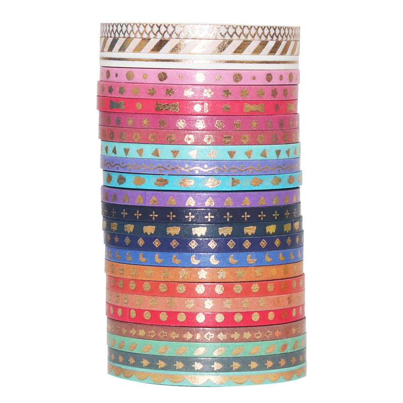 Bandă washi de 3 mm, ruptură manuală, linie fină, decor colorat pentru jurnal în stil japonez, ștampilare aurie