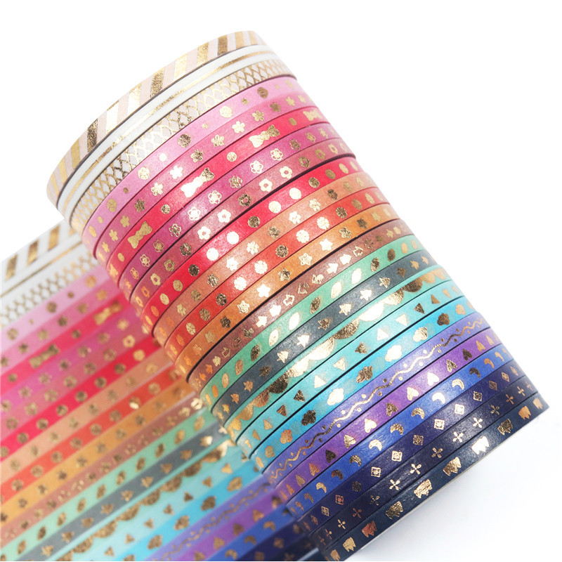 Bandă washi de 3 mm, ruptură manuală, linie fină, decor colorat pentru jurnal în stil japonez, ștampilare aurie