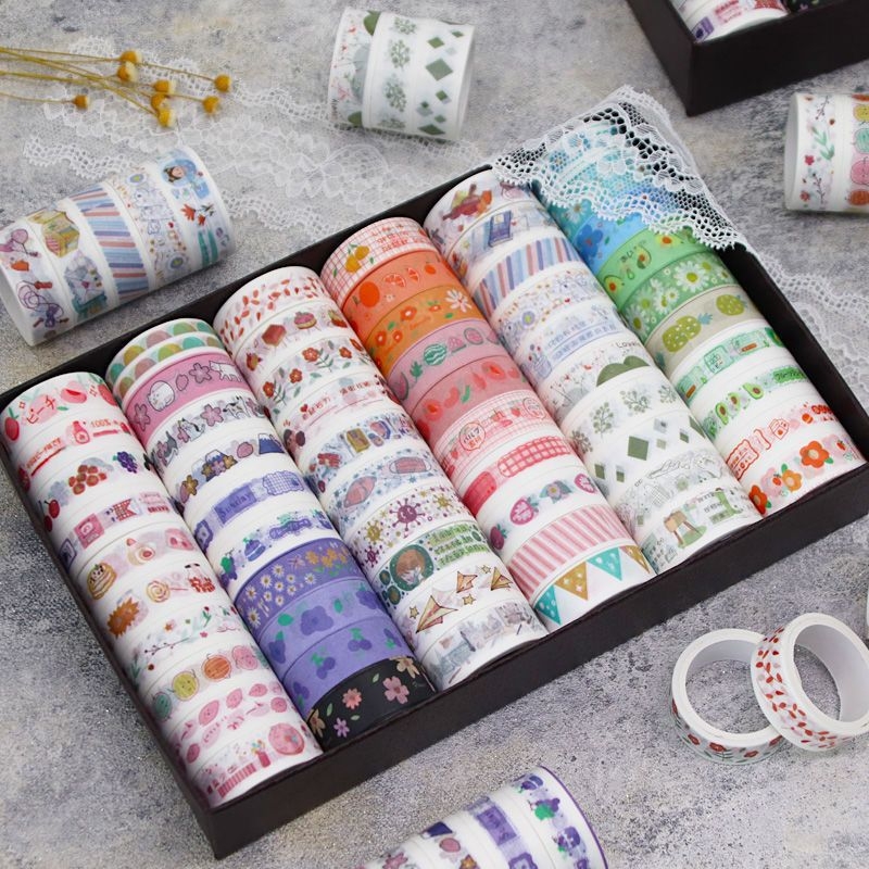 Set de 60 role de bandă washi, cutie cadou cu personaje din desene animate, culori drăguțe pentru elevi