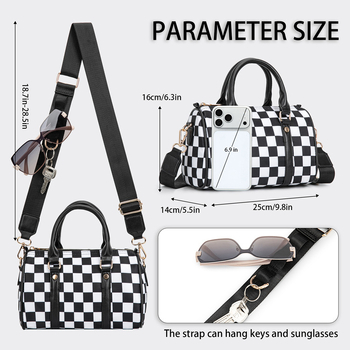 Ženska torba Boston, karirani uzorak, jastučastog oblika, s remenom za rame i crossbody