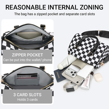 Ženska torba Boston, karirani uzorak, jastučastog oblika, s remenom za rame i crossbody